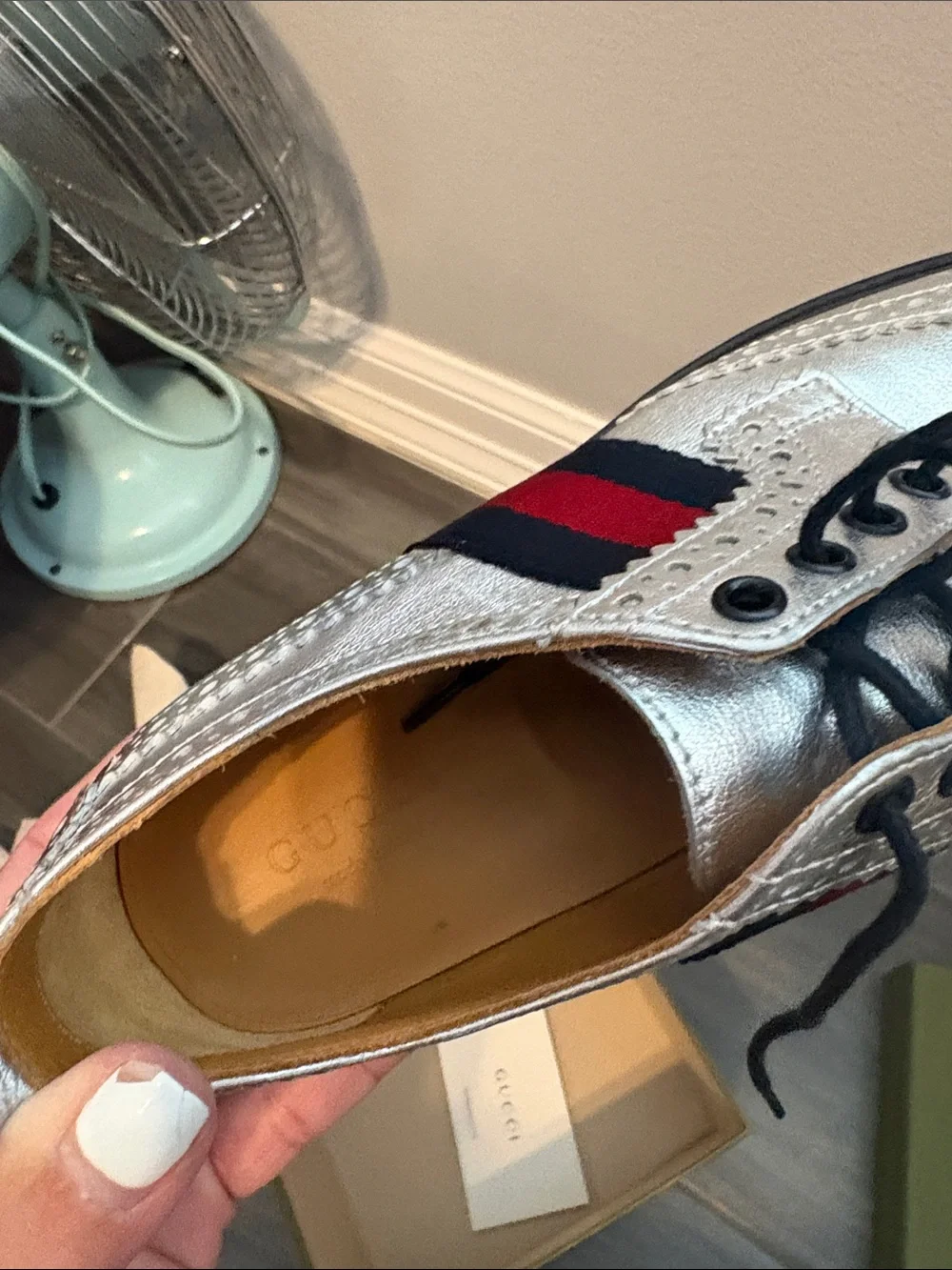Gucci Silver Wingtip Oxfords with Red & Black Web Stripe kids unisex